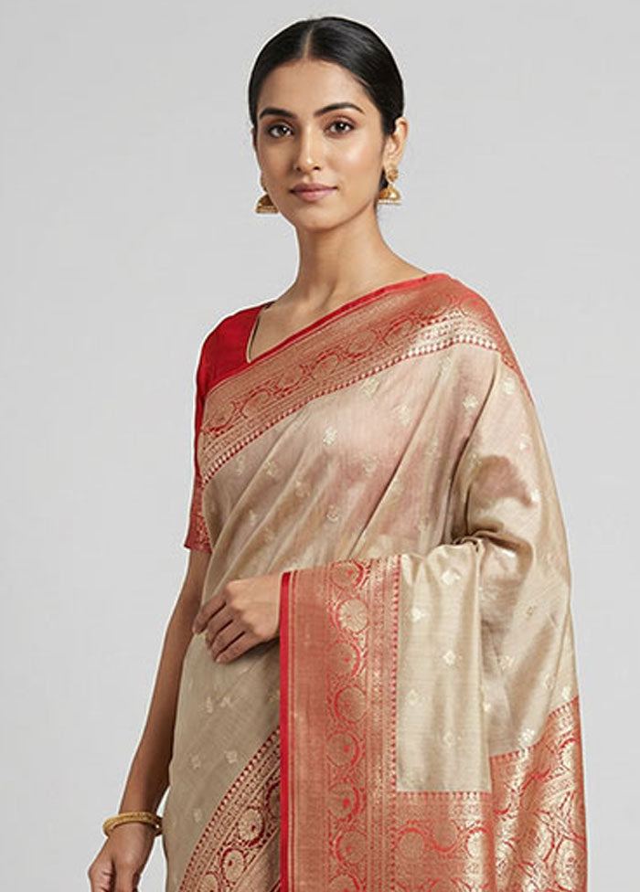 Cream Tussar Silk Saree With Blouse Piece