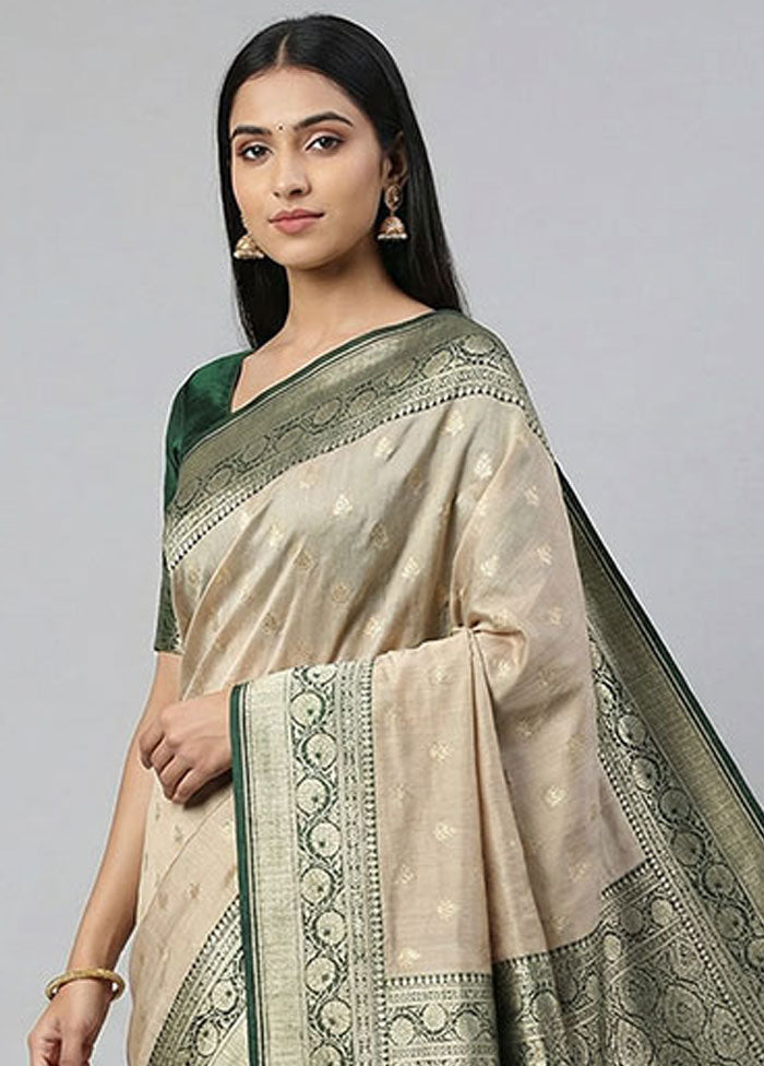 Cream Tussar Silk Saree With Blouse Piece