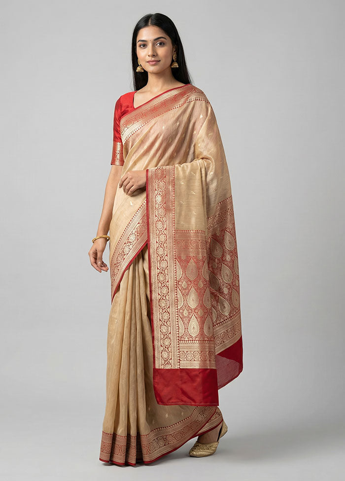 Cream Tussar Silk Saree With Blouse Piece