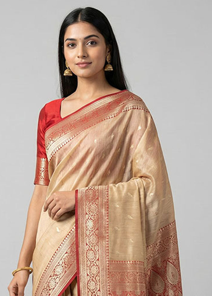 Cream Tussar Silk Saree With Blouse Piece