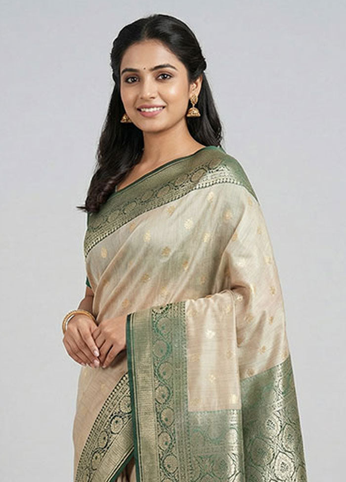 Cream Tussar Silk Saree With Blouse Piece
