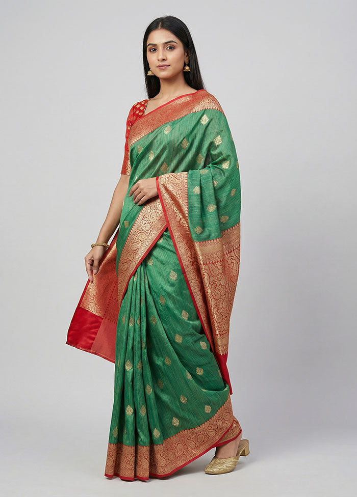 Green Tussar Silk Saree With Blouse Piece