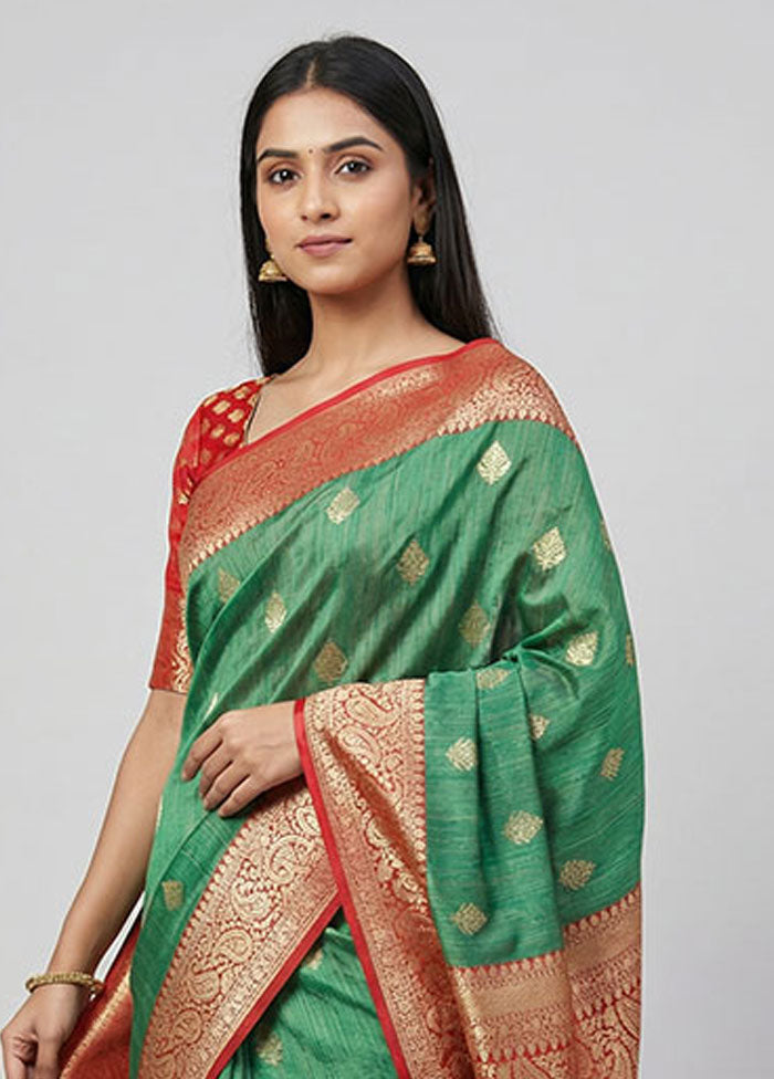 Green Tussar Silk Saree With Blouse Piece