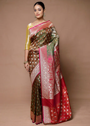 Brown Handloom Tanchoi Pure Silk Saree With Blouse Piece