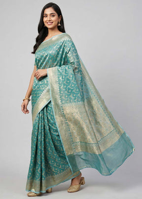 Blue Tissue Silk Saree With Blouse Piece