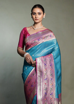 Blue Dupion Silk Saree With Blouse Piece