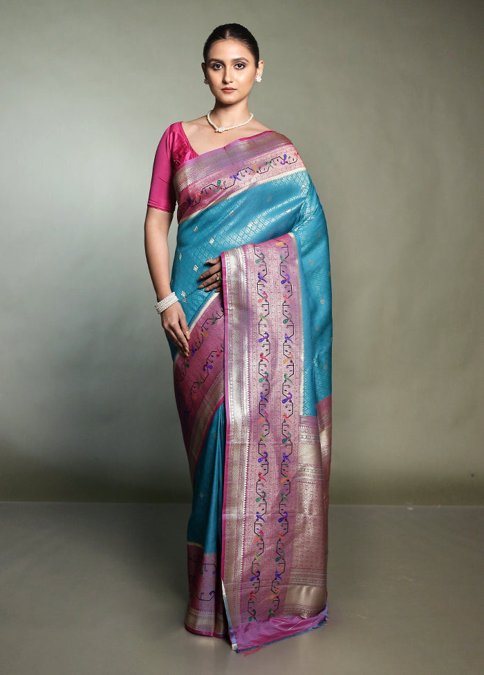 Blue Dupion Silk Saree With Blouse Piece