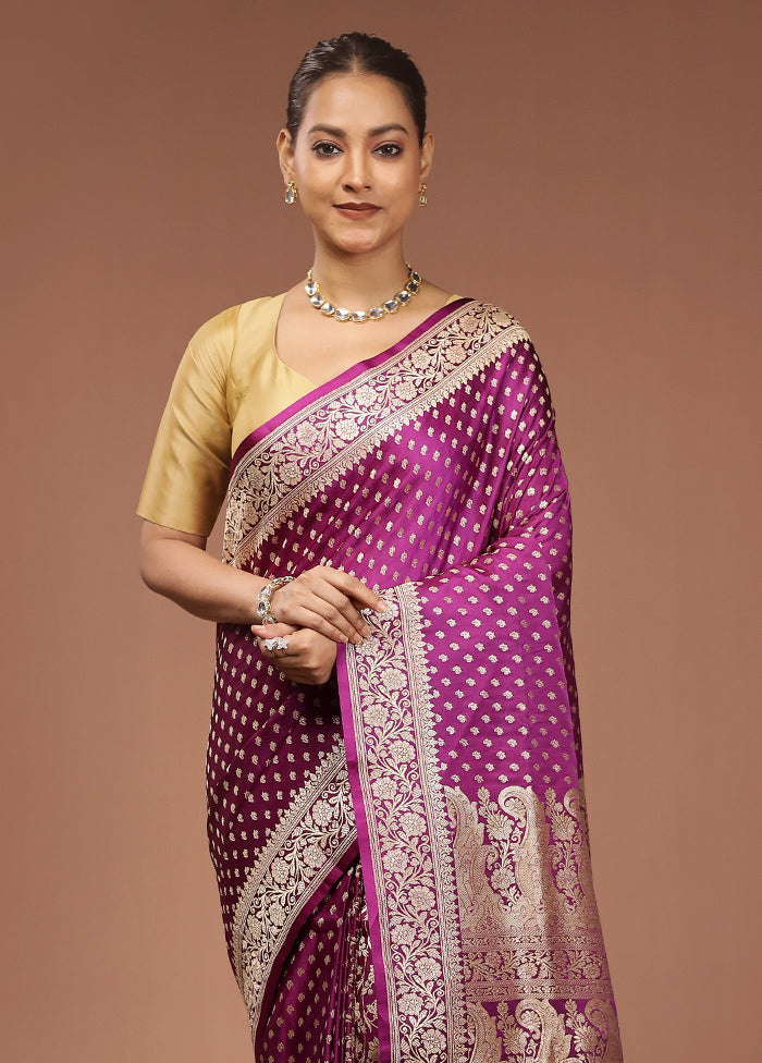 Purple Handloom Banarasi Pure Silk Saree With Blouse Piece