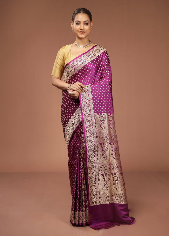 Purple Handloom Banarasi Pure Silk Saree With Blouse Piece