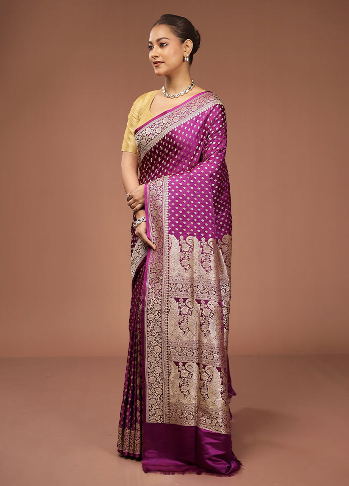 Purple Handloom Banarasi Pure Silk Saree With Blouse Piece