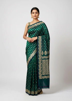 Green Handloom Banarasi Pure Silk Saree With Blouse Piece