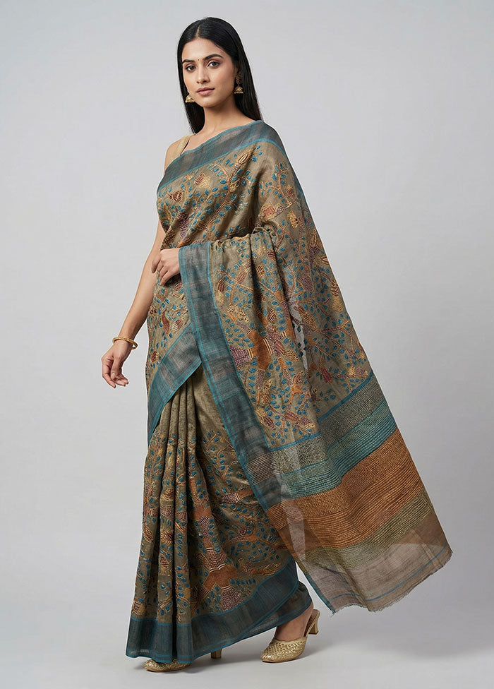 Cream Handloom Tussar Pure Silk Saree With Blouse Piece