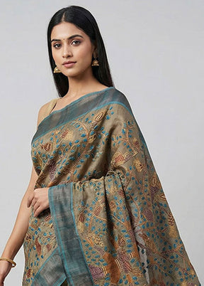 Cream Handloom Tussar Pure Silk Saree With Blouse Piece