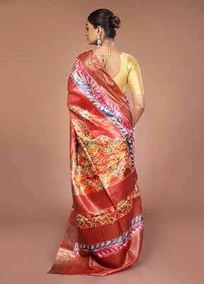 Rust Handloom Tussar Pure Silk Saree With Blouse Piece