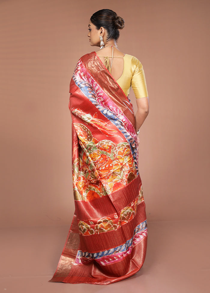 Rust Handloom Tussar Pure Silk Saree With Blouse Piece