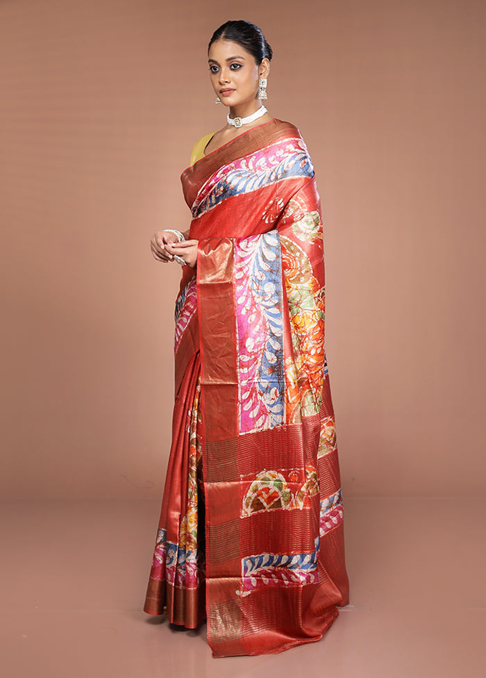 Rust Handloom Tussar Pure Silk Saree With Blouse Piece