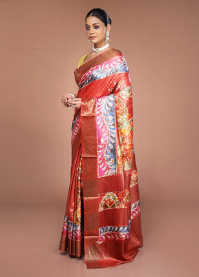 Rust Handloom Tussar Pure Silk Saree With Blouse Piece