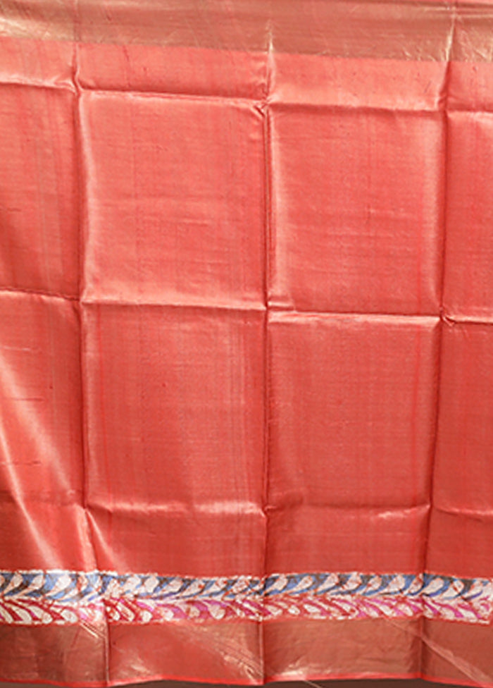 Rust Handloom Tussar Pure Silk Saree With Blouse Piece
