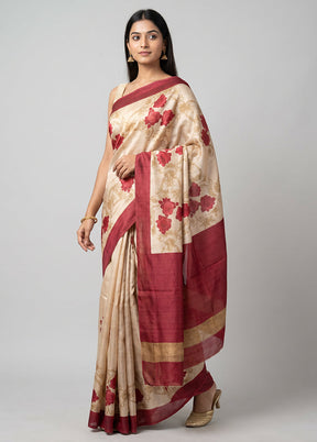 Cream Handloom Tussar Pure Silk Saree With Blouse Piece