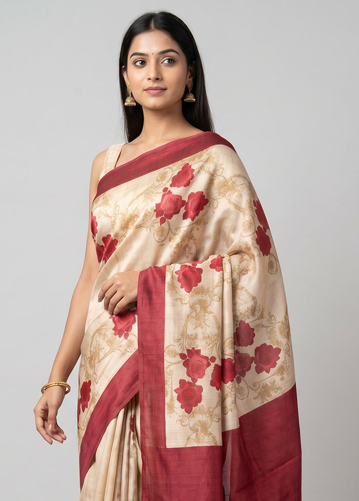 Cream Handloom Tussar Pure Silk Saree With Blouse Piece