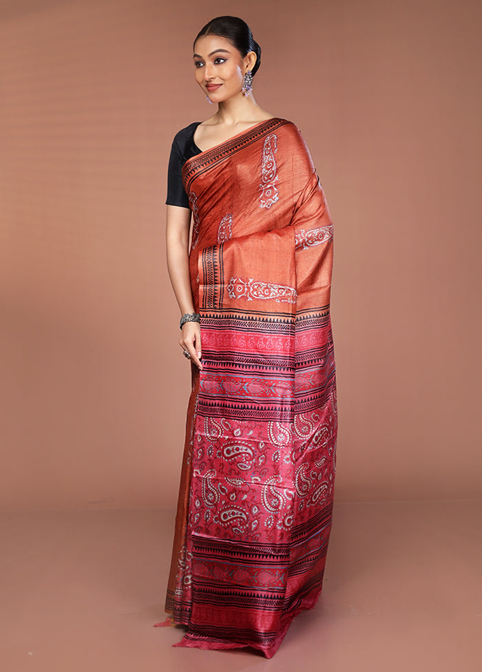 Rust Tussar Silk Saree With Blouse Piece