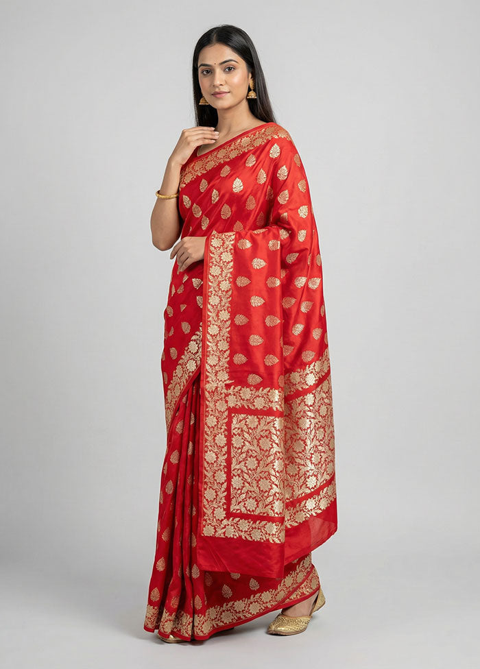 Red Handloom Banarasi Pure Silk Saree With Blouse Piece