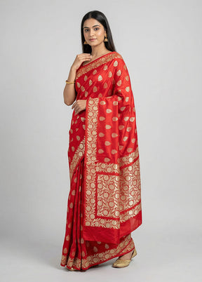 Red Handloom Banarasi Pure Silk Saree With Blouse Piece