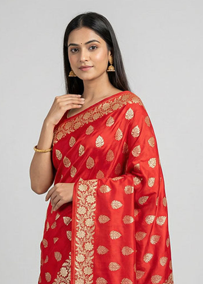 Red Handloom Banarasi Pure Silk Saree With Blouse Piece