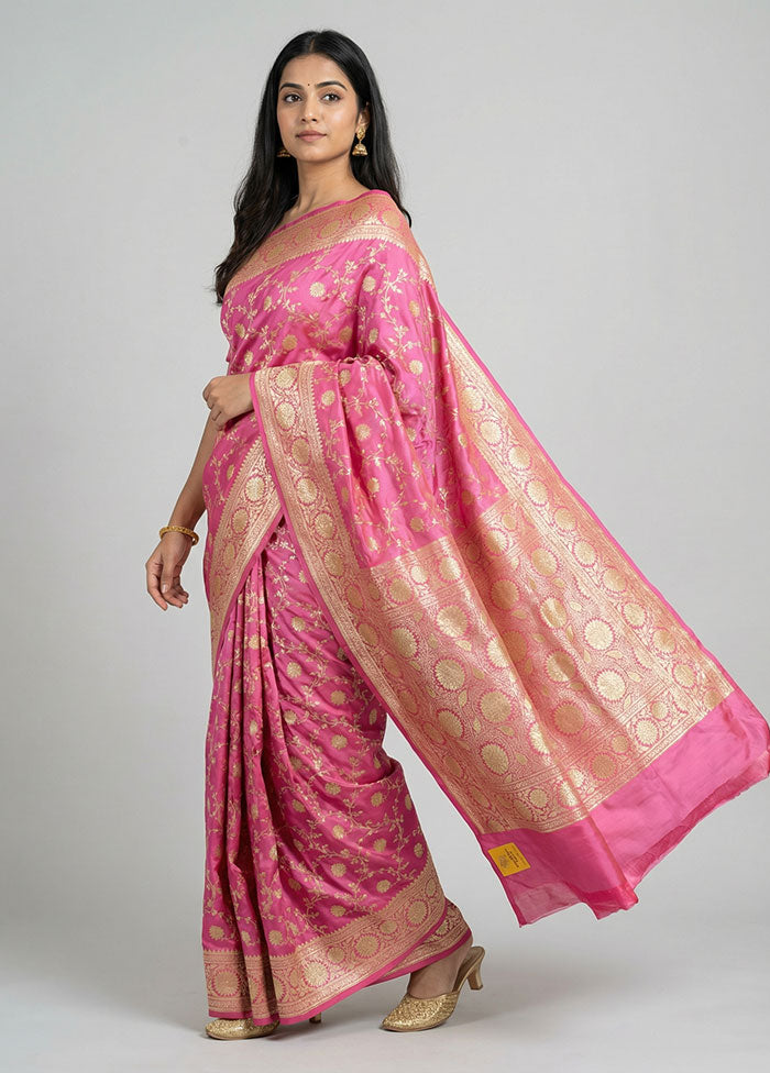 Pink Handloom Banarasi Pure Silk Saree With Blouse Piece