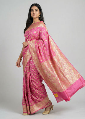 Pink Handloom Banarasi Pure Silk Saree With Blouse Piece