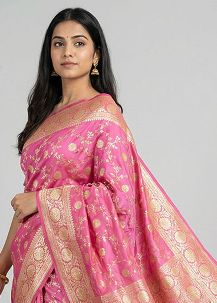 Pink Handloom Banarasi Pure Silk Saree With Blouse Piece