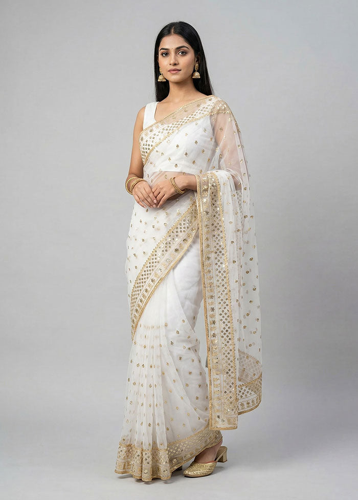 White Net Saree With Blouse Piece