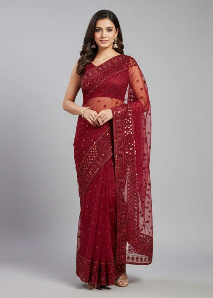 Maroon Net Saree With Blouse Piece