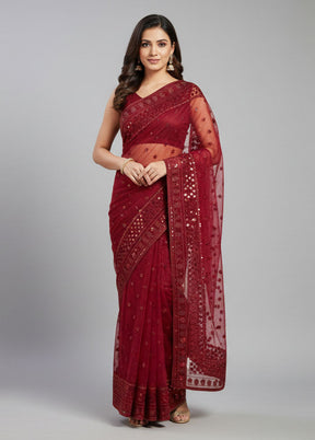 Maroon Net Saree With Blouse Piece