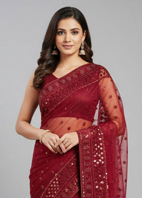 Maroon Net Saree With Blouse Piece