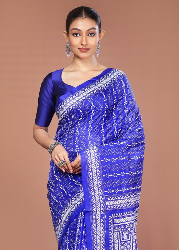 Blue Handloom Kantha Stitch Pure Silk Saree With Blouse Piece