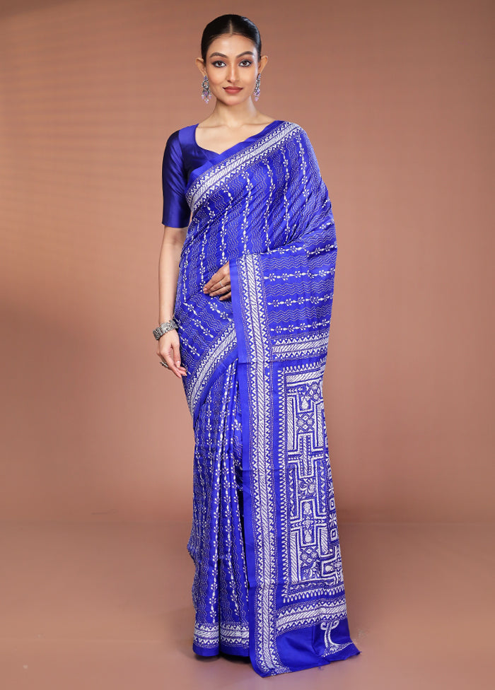 Blue Handloom Kantha Stitch Pure Silk Saree With Blouse Piece