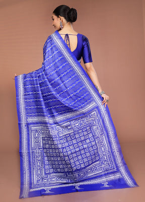 Blue Handloom Kantha Stitch Pure Silk Saree With Blouse Piece