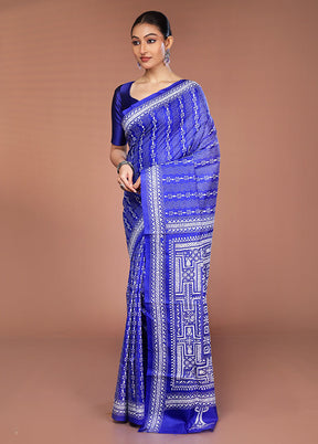 Blue Handloom Kantha Stitch Pure Silk Saree With Blouse Piece