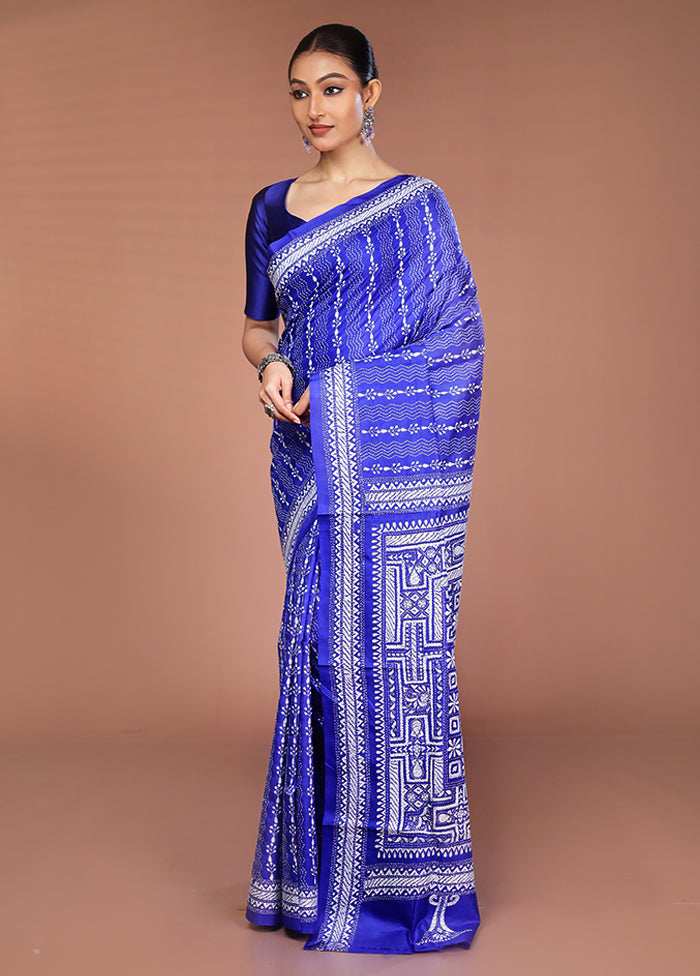 Blue Handloom Kantha Stitch Pure Silk Saree With Blouse Piece