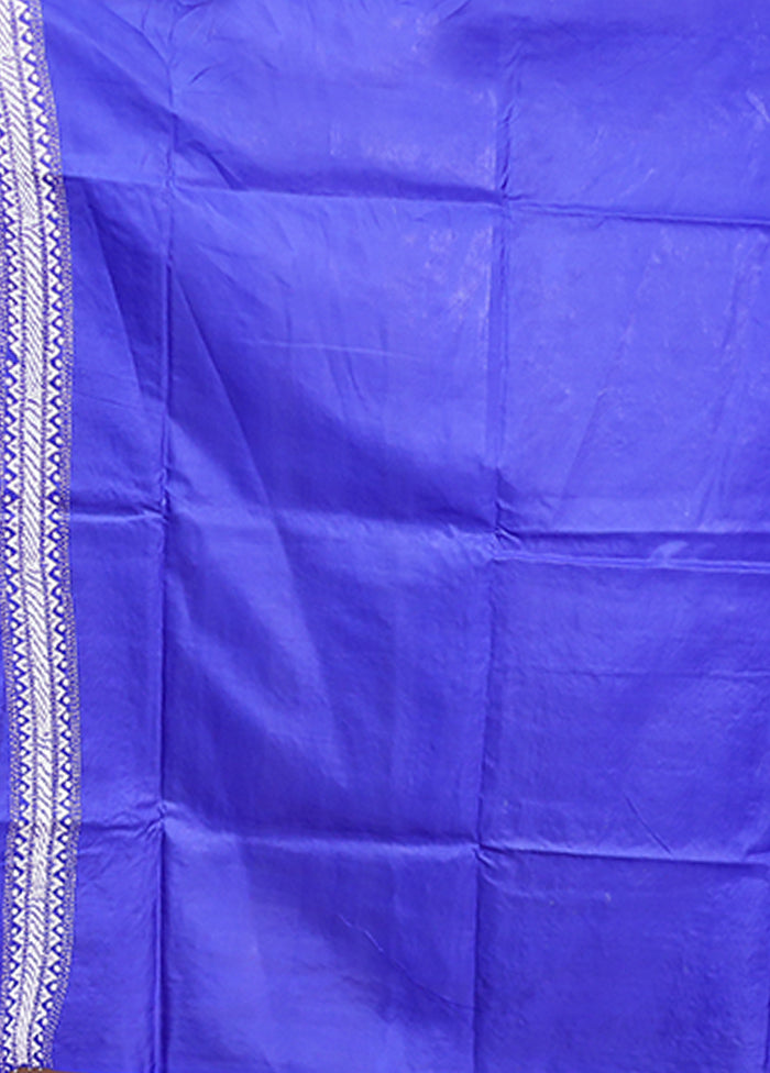Blue Handloom Kantha Stitch Pure Silk Saree With Blouse Piece