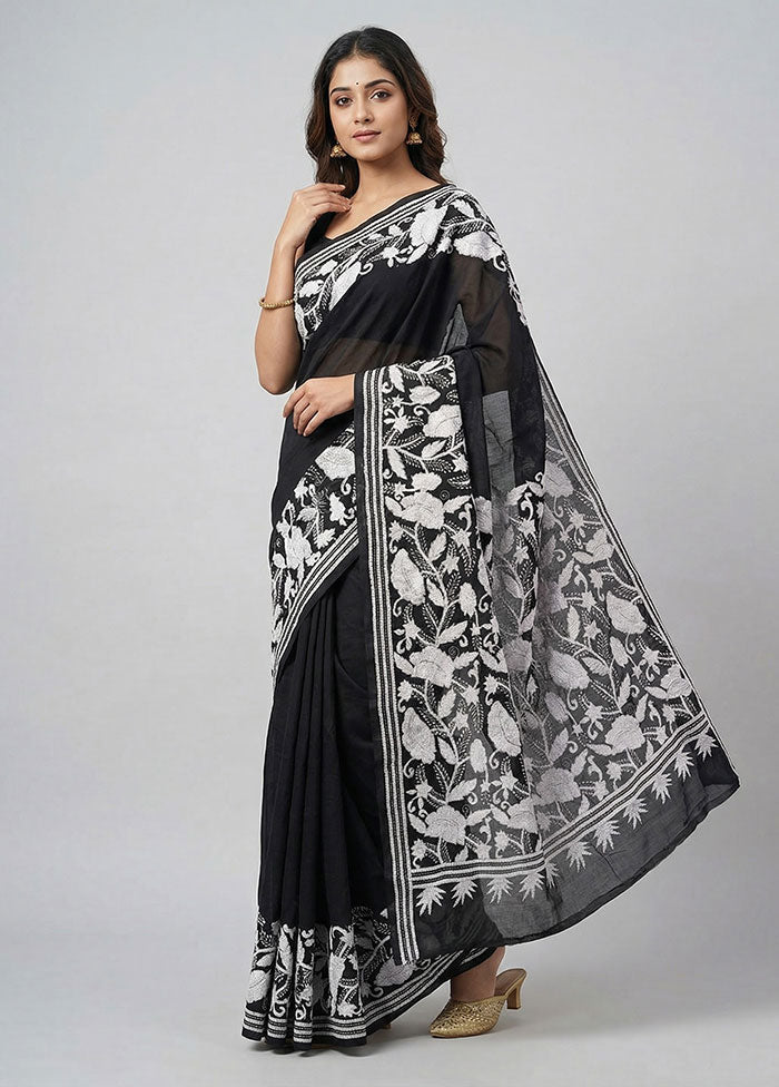 Black Handloom Kantha Stitch Pure Silk Saree With Blouse Piece