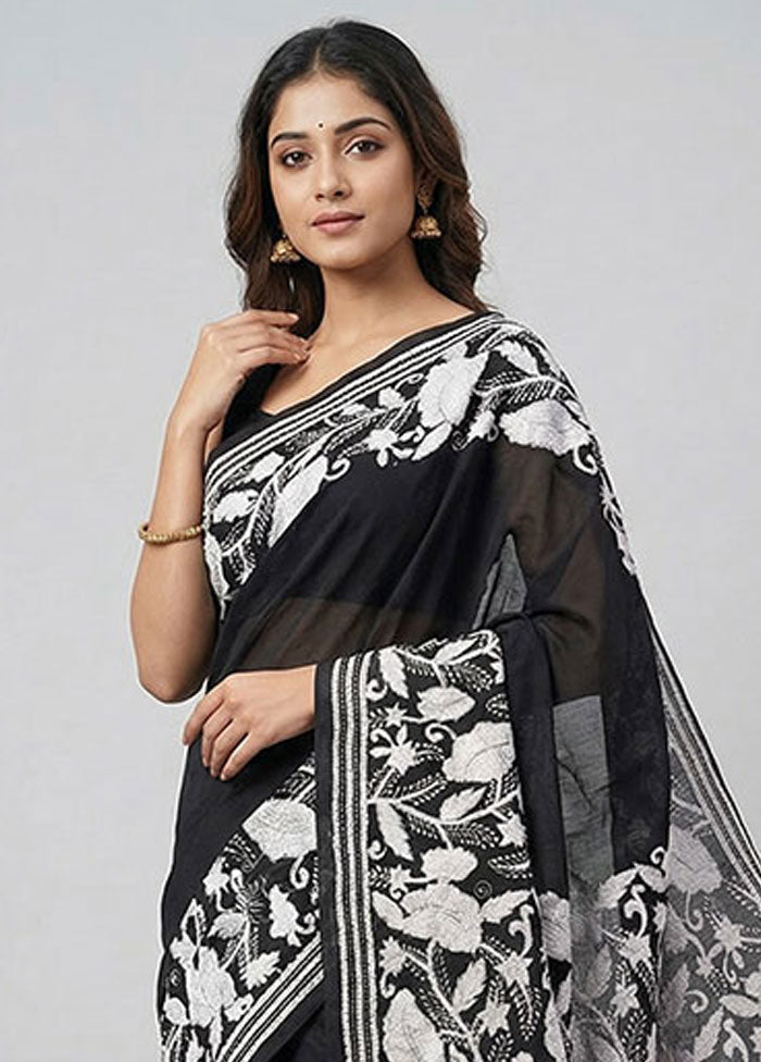 Black Handloom Kantha Stitch Pure Silk Saree With Blouse Piece