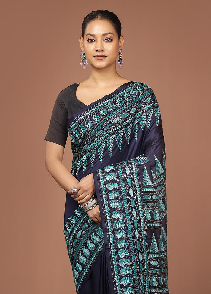 Blue Handloom Kantha Stitch Pure Silk Saree With Blouse Piece