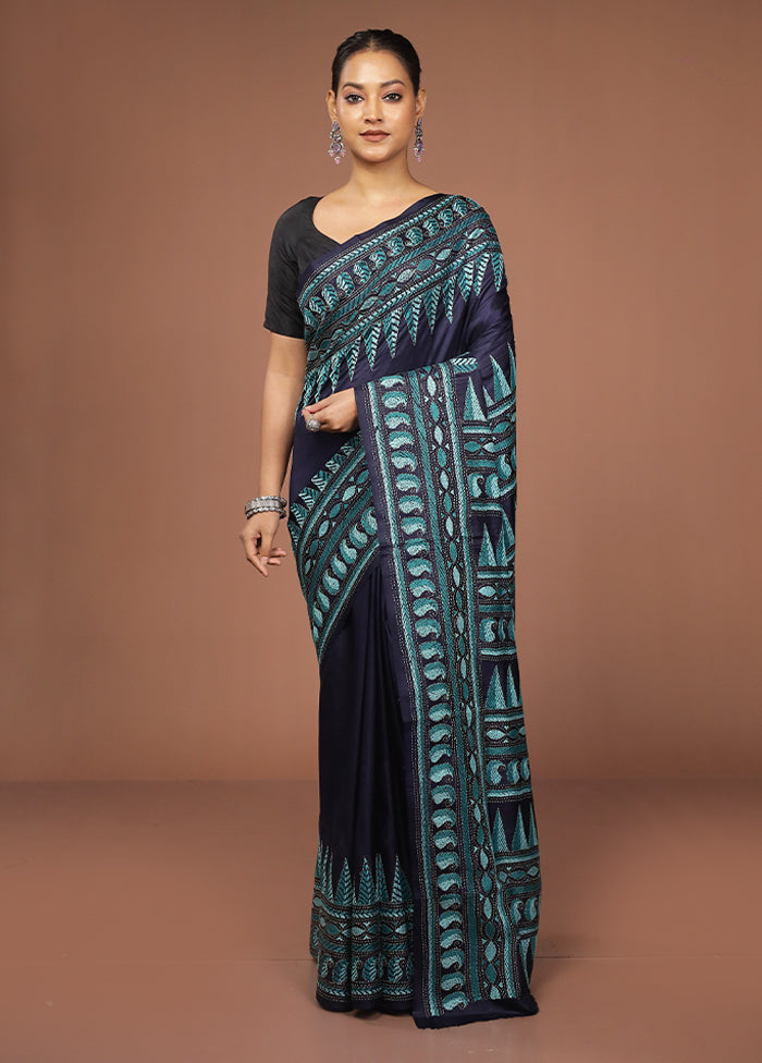 Blue Handloom Kantha Stitch Pure Silk Saree With Blouse Piece