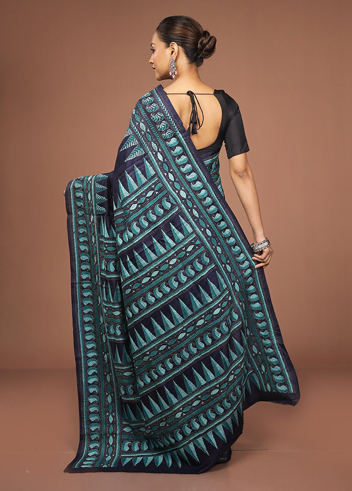 Blue Handloom Kantha Stitch Pure Silk Saree With Blouse Piece
