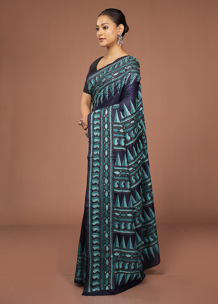 Blue Handloom Kantha Stitch Pure Silk Saree With Blouse Piece