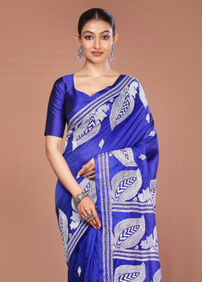 Blue Kantha Stitch Silk Saree With Blouse Piece