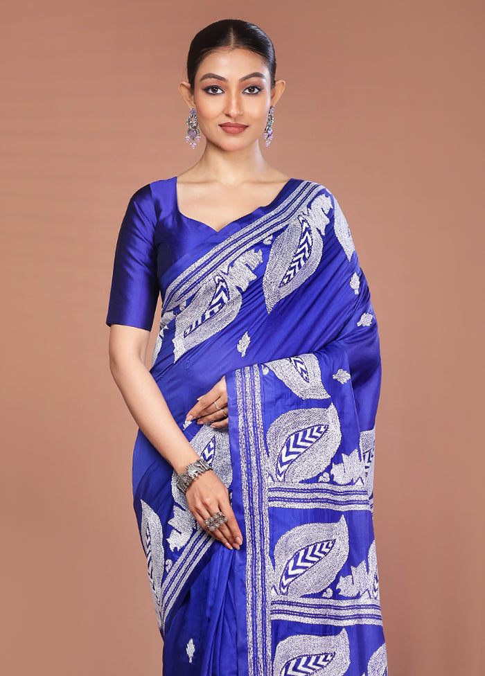 Blue Kantha Stitch Silk Saree With Blouse Piece