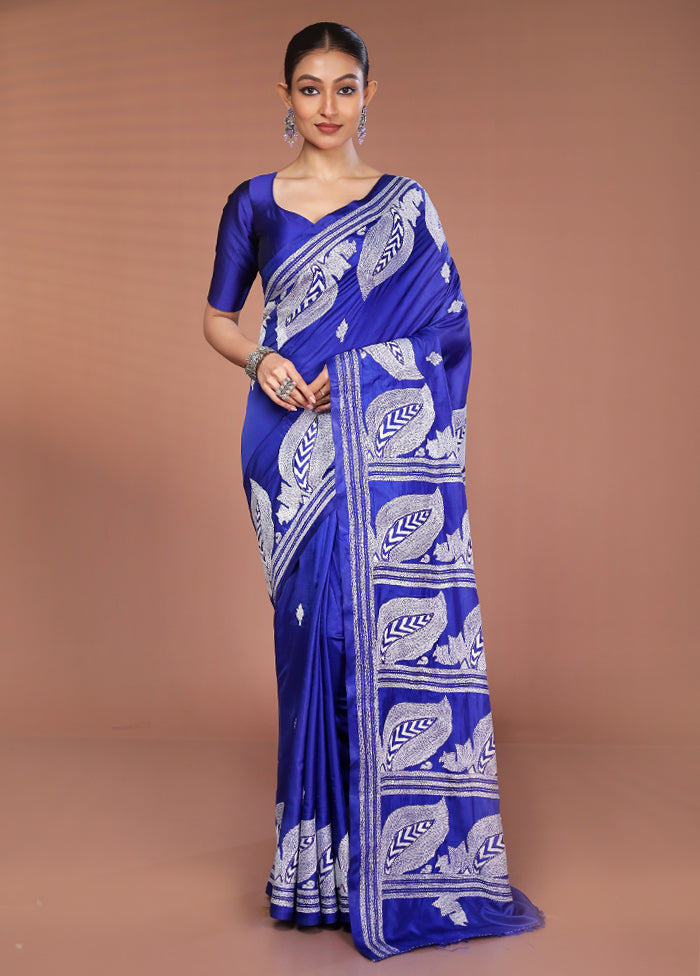 Blue Kantha Stitch Silk Saree With Blouse Piece